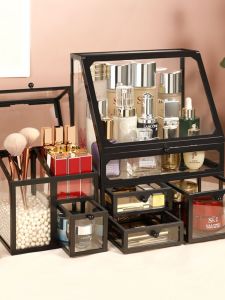 Black Simple Glass Jewelry Box Decorative Ornaments Desktop Cosmetics Storage Box Girls Birthday Gift Bedroom Decor Accessories