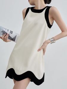 Black and White Contrast Sleeveless Camisole Drapey Wave Hem Dress