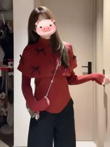 ชุดเสื้อสเวตเตอร์ถักแขนยาวสีแดง คอกลม สองชิ้น สำหรับผู้หญิงในฤดูหนาว เสื้อคลุมกันหนาว สไตล์คริสต์มาส เสื้อคลุมผู้หญิง