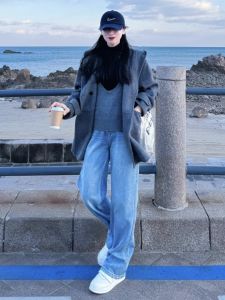 Extended High Waist Wide Leg Jeans Womens Slim Straight Floor-Length Blue Denim Spring Autumn Season High Rise Trousers