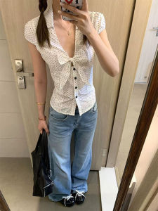 Retro Butterfly Knot Polka Dot Shirt Womens Summer Slimming Short Sleeve Top Korean Style Commute Wind V-neck Regular Sleeve