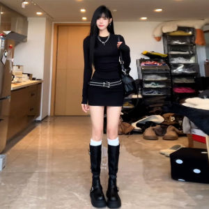 Váy Ngắn Bó Sát Màu Đen Gợi Cảm Cho Nữ Mùa Thu Đông Dài Tay Cổ Tròn Dáng Chữ a Váy Ngắn Bên Trong Mặc Trong Nhà