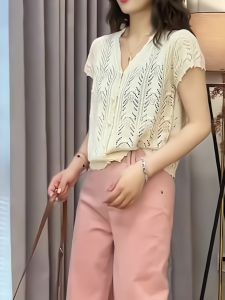 Elegant Short Sleeve Knitted Open Cardigan Womens Summer Fashion Top Hollow out Design Early Spring High Waist plus Size