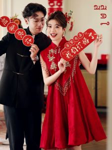 ชุดแต่งงานแบบจีนใหม่สำหรับผู้หญิง ชุดกี่เพ้าสีแดง ชุดราตรีสำหรับคู่รัก ชุดกี่เพ้าฤดูร้อน ชุดกี่เพ้าแบบสวมหัว ชุดกี่เพ้าแขนกุด