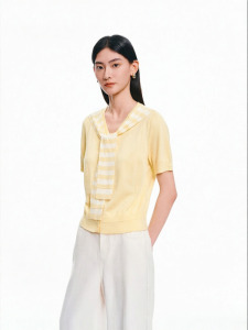 Koradior | Yellow Stripe Spliced Design Knit Top S