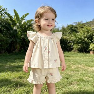 Girls Summer Korean Embroidered Set Childrens Flower Print Flying Sleeve Top+Shorts Two Piece Cute Little Girl Refreshing Set