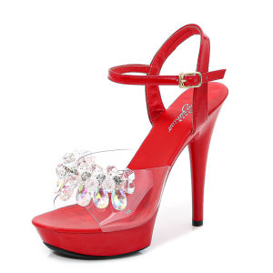 รองเท้าแตะส้นสูงคริสตัลใสเซ็กซี่ รองเท้าแตะส้นสูงสำหรับผู้หญิง รองเท้าแตะแบบสวมส้นแบน พื้นยาง ทรงปากปลา ฤดูร้อน 2021