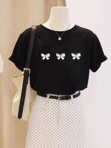 Korean Style Loose Fit Short Sleeve T-Shirt for Women Thin Butterfly Knot Summer Top Cotton Polyester Blend round Neck Tee