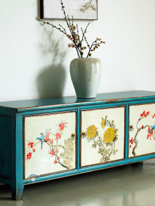 New Chinese Style Antique Painted Lacquer Distressed Furniture Minimalist Coffee Table TV Cabinet Hand Painted Pastoral Style Solid Wood Floor Cabinet DSG
