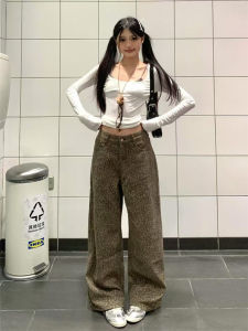 American Retro Leopard Print Wide Leg Jeans Womens Spring Autumn High Waist Loose Slimming Tall Extended Straight Tube Pants