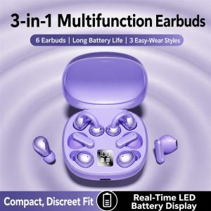 NEWMSNR Wireless Bluetooth Earphones Digital Battery Display Charging Case 3 Pairs 6 Earbuds Clip On Semi In Ear Designs for Music Podcasts Videos Daily Listening Smartphones Tablets Laptops Home Office Travel Black Beige Purple 3 in 1 Set