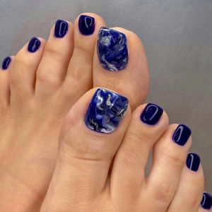 24pcs Glossy Blue False Toenails Sparkling Short Fake Nails Press On Nails Glitter French Style Artificial Nails With Adhesive