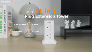 TESSAN Tower Extension Multi Plug Socket Adaptor Surge Protector with USB-C Power Extension Cord 2M Safety Mark