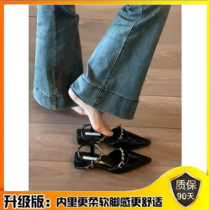 Low Heel French Style Beautiful Head Covered Sandals Womens Fashion Fairy Wind Pointed Toe Single Shoes Back Empty High-End Sensation