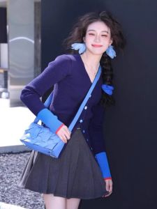 HUOLISI | Blue V-neck Patchwork Knit Cardigan Autumn Winter Short Fit Innerwear