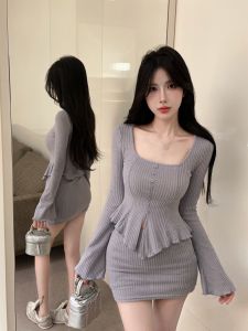 GUZILIAN | ชุดสองชิ้นคอตั้งสไตล์สตรีทฤดูใบไม้ร่วง/ฤดูหนาว กระโปรงยาวปานกลางแขนยาว ทรงเข้ารูป เสื้อผ้าทำงานสไตล์สาวน้อย