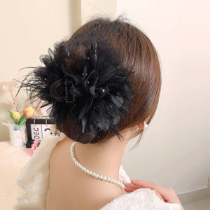Elegant Women Girls Hair Claw Pleated Organza Pearls Black Feather Grip Shark Hair Clip Women Headwear Hair Accessories