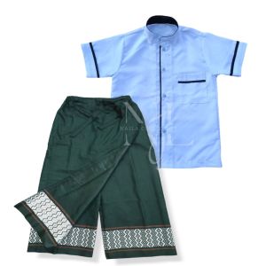 Baju Koko Muslim Anak Laki-laki  Setelan Sarung Celana Dan Koko Putih Variasi List