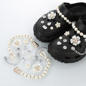 16PCS Shoe Charm DIY Rhinestone White Flower Pearl Chain Shoe Decoration Buckle for Hole Shoes Accessories Festival Party Gifts