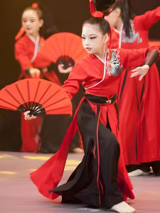 Childrens Performance Clothes Ancient Martial Arts Style Snow Dragon Sings Dance Outfit Traditional Chinese Fan Prop