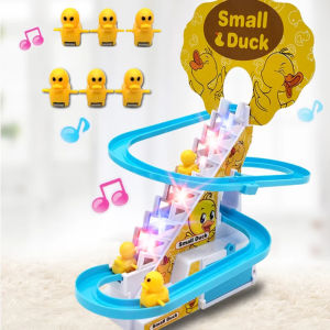 Funny Baby Toy Electric Duck Track Slide Toy Battery Powered Duck Climb Stairs Toy with LED Lights Music Birthday Gift