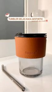 Tumbler Gelas Kaca Aesthetic Georgous Whit Straw Cup 450ML Mug Gelas Kaca Bamboo FREE Sedotan
