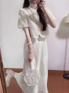 New Chinese Style Zen Dress Summer High-End Sensation Button Top A-Line Mini Skirt Two-Piece Set Fashionable Womens Ensemble