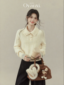 OUYANGXI | Áo Sweater Len Nữ Cổ Lọ Xếp Li