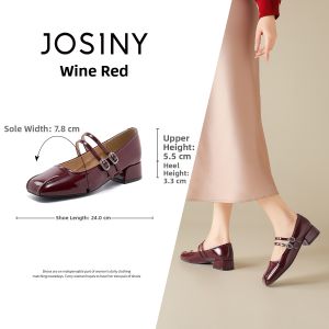 Josiny | Burgundy Mary Jane Shoes Retro French Elegant Style Patent Leather Coarse Heels