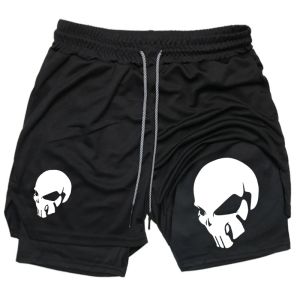 Skeleton Print 2 in 1 Gym Workout Shorts for Men Quick Dry Stretchy Athletic Compression Shorts Fitness Running Jogging