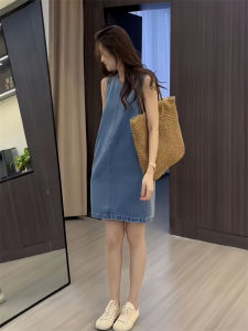 French Vintage Denim Vest Dress Womens Loose Slimming Lazy Style Summer New Arrival Casual round Neck Sleeveless Silk Dress