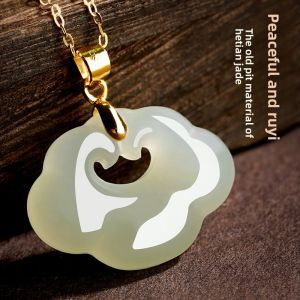 Hotian Jade Pendant Womens Gold Inlaid Ruyi Safety Lock Necklace Jade Pendant Chinese Clavicle Chain Birthday Gift for Girls