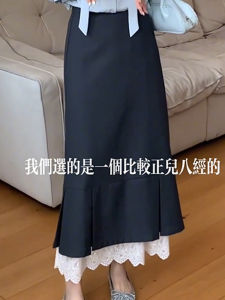 Stitching Lace Gray A- line Skirt Womens Spring and Autumn High Waist Slimming Retro Fashion Stylish Temperament Dress