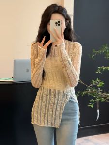 เสื้อยืดผู้หญิงทรงเข้ารูปแขนยาวคอตั้งลายลูกไม้ เสื้อเชิ้ตบางกันแดดฤดูร้อน เสื้อเชิ้ตผู้หญิงฤดูใบไม้ผลิและฤดูใบไม้ร่วง