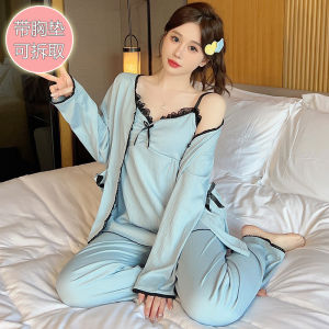 ชุดนอนแขนยาวผู้หญิง ชุดนอนฤดูร้อน ชุดนอนผ้าฝ้ายแท้ ชุดอยู่บ้าน ชุดสามชิ้น ชุดนอนแขนกุด ชุดนอนคอวี ชุดนอนสบายๆ ชุดนอนสบายๆ