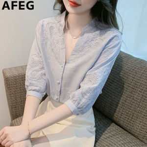 AFEG solid color new Korean version of V-neck fashion casual loose simple seven-point sleeve blouse for women