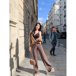 White Knitted Wide Leg Casual Pants Womens Elastic Waist Long Straight Drapey Pants ACHI Brand Versatile High Waist Trousers