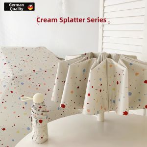 Automatic Large Wind Resistant Sun UV Protection Rain Sun Dual Use Cream Splatter Pattern Umbrella