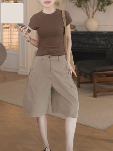 Shalldoer | Casual Sportswear Set Womens Summer Round Neck Solid Color Short Sleeve T-Shirt Wide Leg Five-Quarter Pants Two-Piece Suit