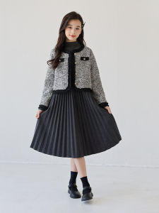 Girls Autumn Winter Plaid Dress Set High Waist Luxury Style Long Sleeve Midi Skirt And Jacket Two Piece Outfit for Kids
