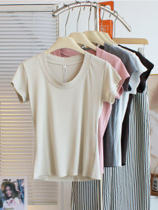 Sweet And Spicy Short Sleeve T-Shirt Womens Slim Fit Base Layer Sporty Top Elastic Knitted Summer Fashion Korean Style Tee