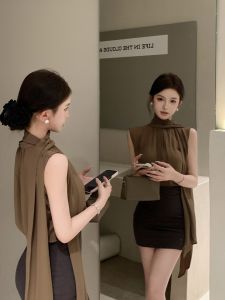 French Style Neck Hanging Sash Sleeveless Shirt + Tube Top Summer New Arrival Elegant Womens Fashion Top Quality Fabric