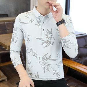 HENGYUANXIANG | Spring Autumn Pure Cotton Polo Shirt Men Casual Long Sleeve Turn-down Collar Bottoming Shirt Chinese Style Printed T-shirt