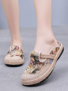 Ladies Half Slippers Summer Outdoor Wear Linen Slip-On Shoes Cotton Linen Flat Heel Casual Style Cartoon Patterned Slip-On