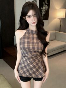 GUZILIAN | Plaid Color Block Retro Off-shoulder Neck Halter Waist Cinching Top