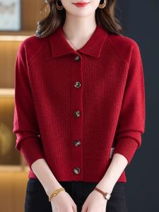 Spring Autumn Short Knitted Pure Color Cashmere Open Cardigan Womens Fashion Casual Long Sleeve Turn-down Collar Sweater Jacket