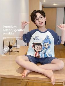 MiiOW | Pure Cotton Childrens Sleepwear Short Sleeve Shorts Home Clothes For Boys Catman 2025 New Arrival Summer Outfit Suitable For Outdoor