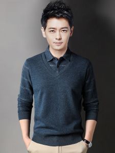 ROMON | Lormen Mens Knitted Sweater Thickened Warm Shirt Collar Autumn Winter Style Fake Two-Piece Fashion Casual Loose Fit Polyester Blend