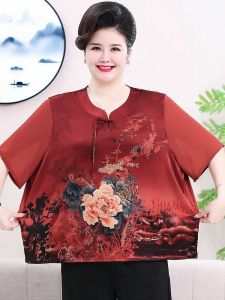 New Chinese Style Ladieswear Short Sleeve Artificial Silk Tops National Style Buckle Western Style T-shirt plus Size Plus Size 100.00kg Two-piece Set