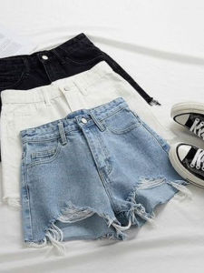 กางเกงขาสั้นยีนส์เอวสูงผ้าฝ้าย ทรงเอ ขาดรุ่ย กางเกงขายาวทรงหลวมสำหรับผู้หญิงในช่วงฤดูร้อน